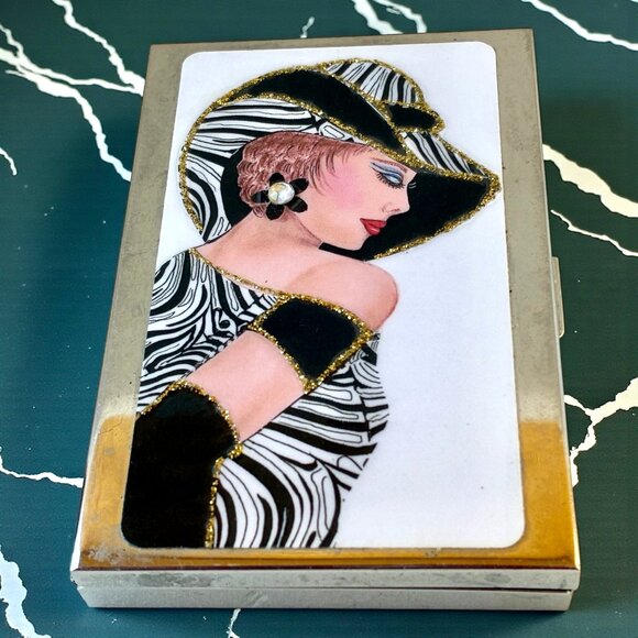 Pocket Calculator and Business Card Holder Shiny Metal Case Woman Glitter NEW - Picture 2 of 13